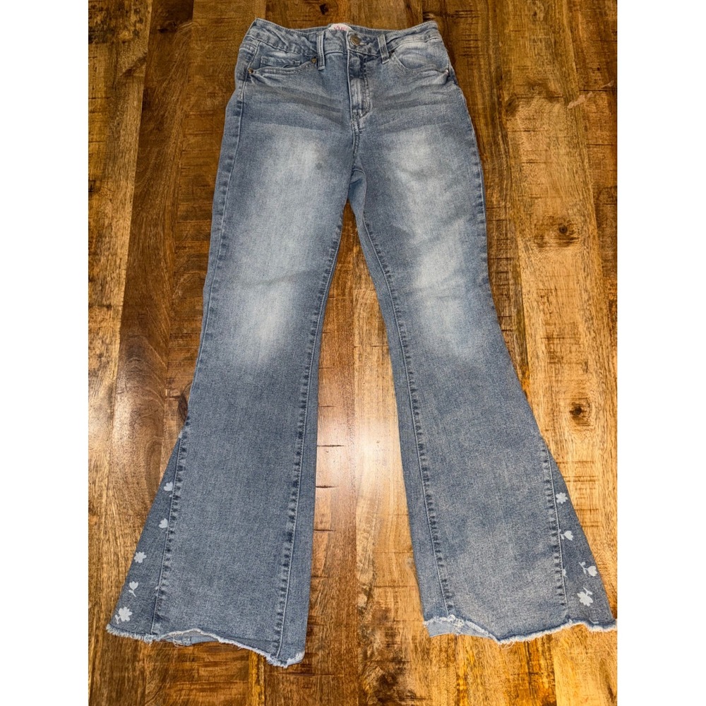 YMI Girl Blue Light Wash Flare Jeans Floral Gusset Raw Hem Kids Size 16